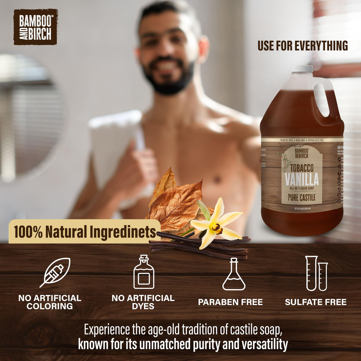 BAMBOO AND BIRCH Pure Castile Soap Liquid Tobacco Vanilla in a bathroom setting