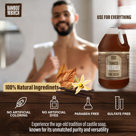 BAMBOO AND BIRCH Pure Castile Soap Liquid Tobacco Vanilla in a bathroom setting