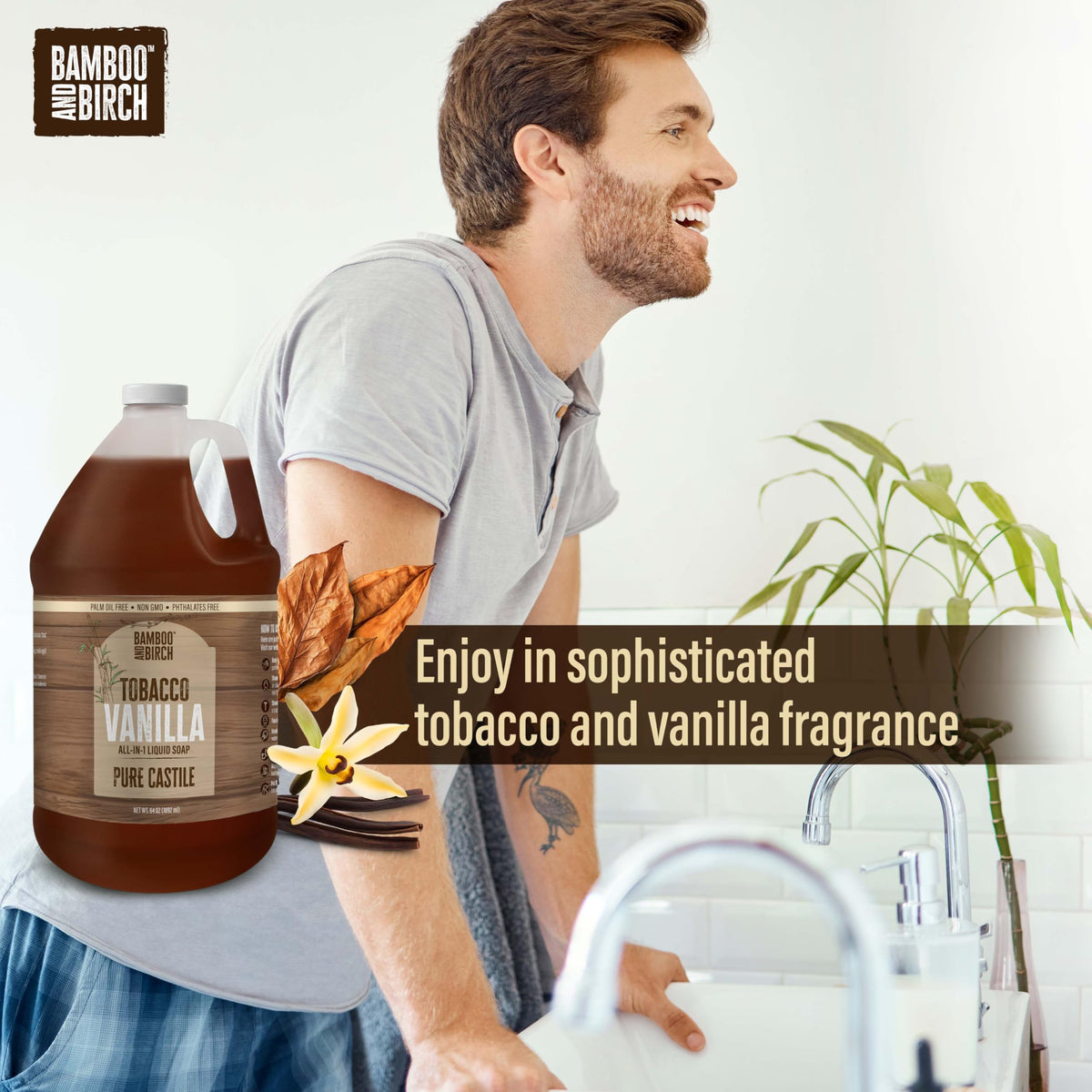 BAMBOO AND BIRCH Pure Castile Soap Liquid Tobacco Vanilla pouring into a dish