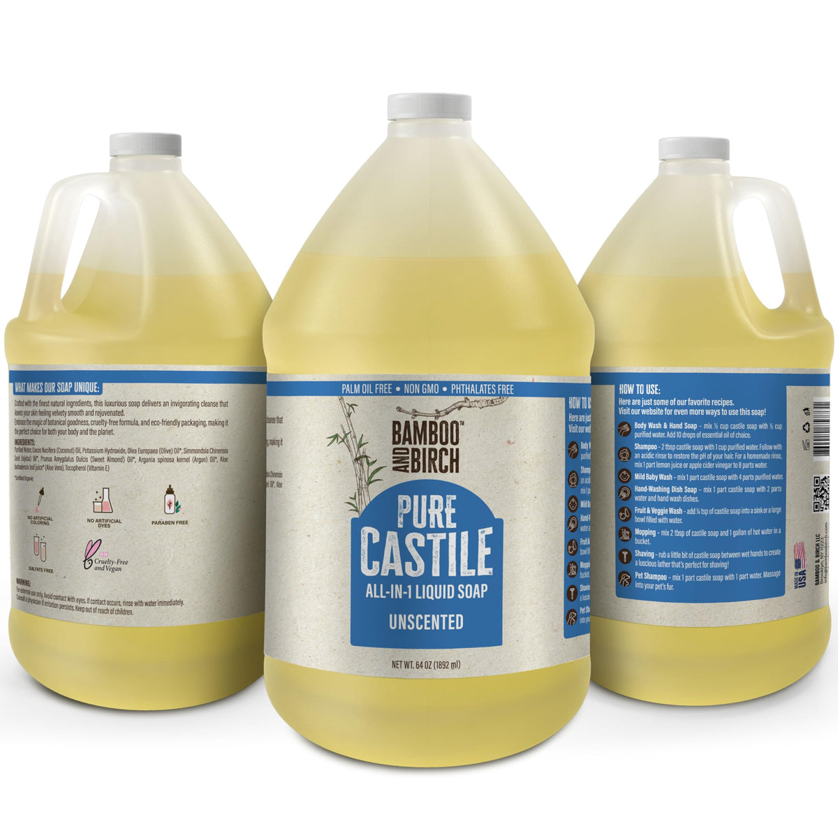 BAMBOO AND BIRCH Pure Castile Soap Liquid unscented label close-up