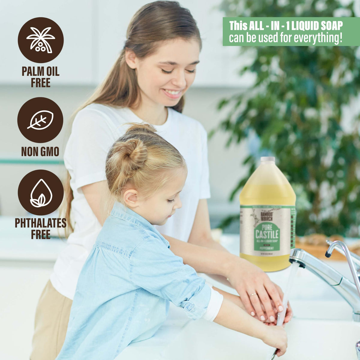 Bamboo & Birch Pure Castile Soap Liquid Peppermint with fresh peppermint leaves