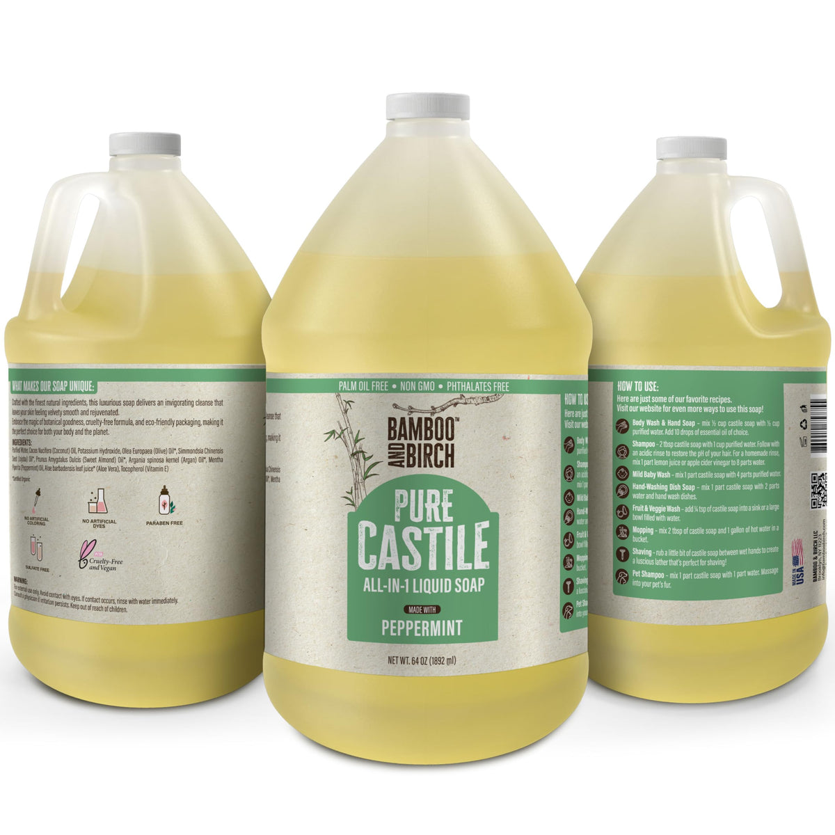 Bamboo & Birch Pure Castile Soap Liquid showing label and peppermint scent