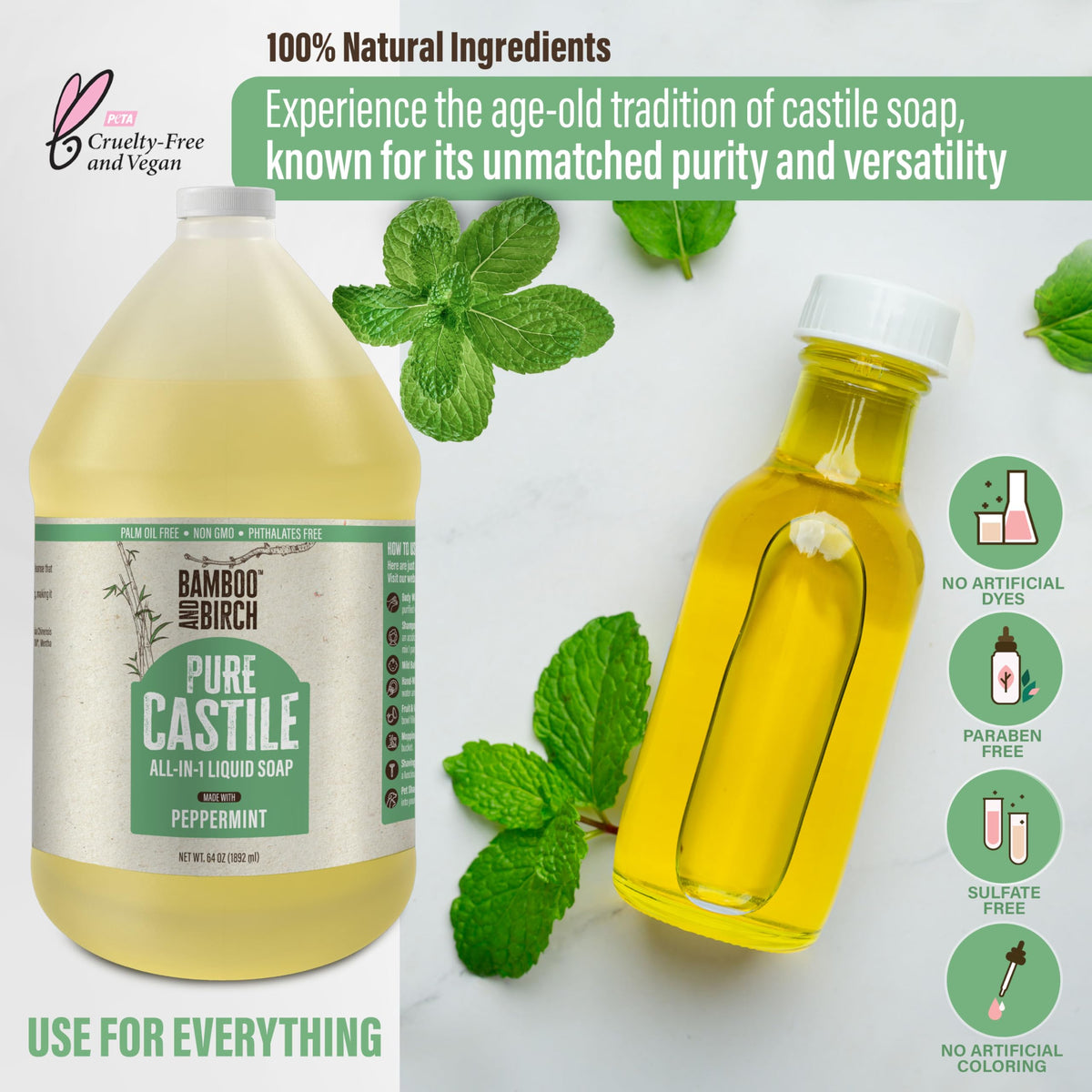 Bamboo & Birch Pure Castile Soap Liquid side view showing packaging details
