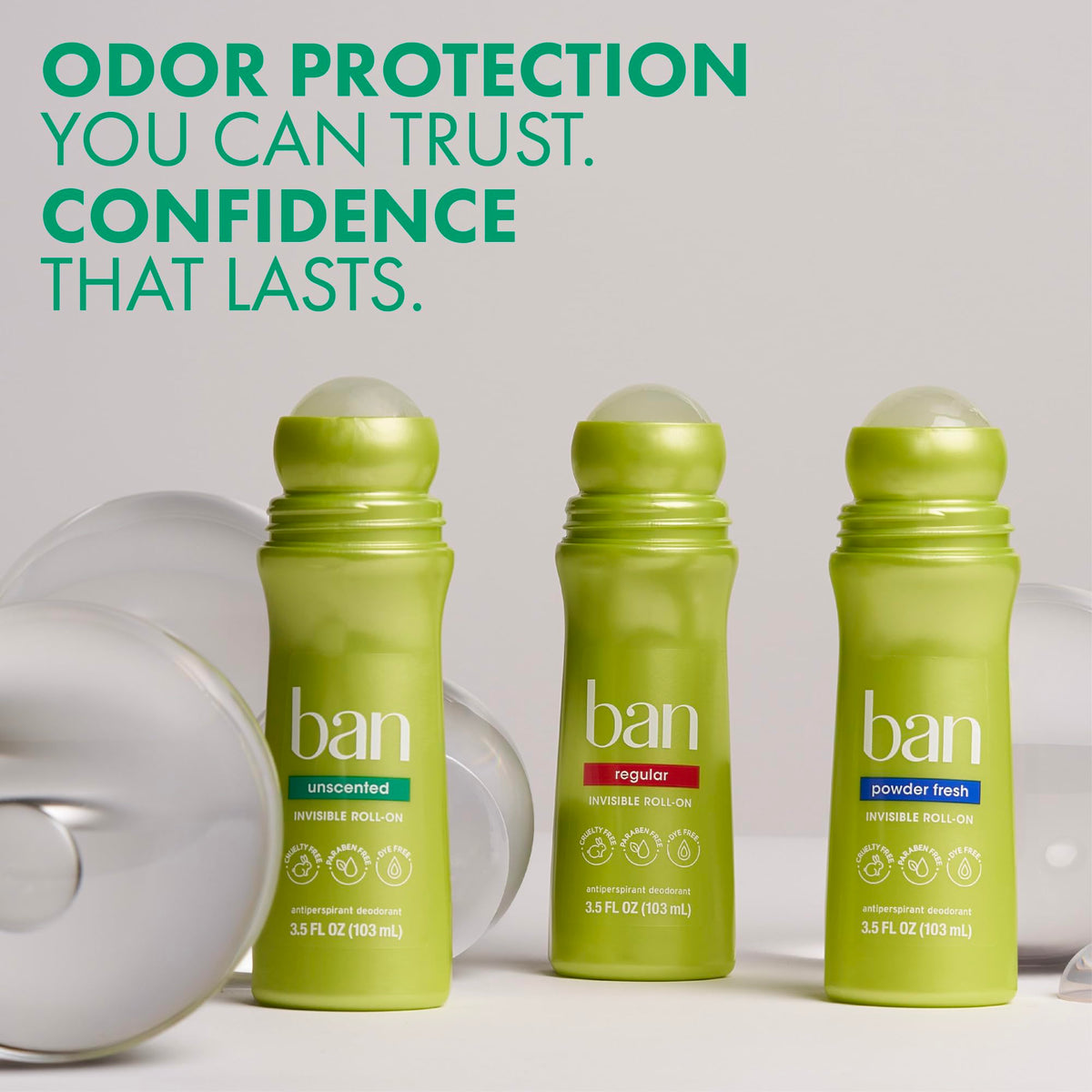 Ban Invisible Roll-On Antiperspirant Deodorant, Unscented with a clear application