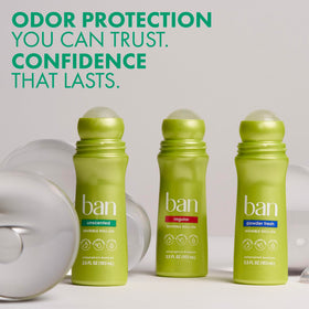 Ban Invisible Roll-On Antiperspirant Deodorant, Unscented with a clear application