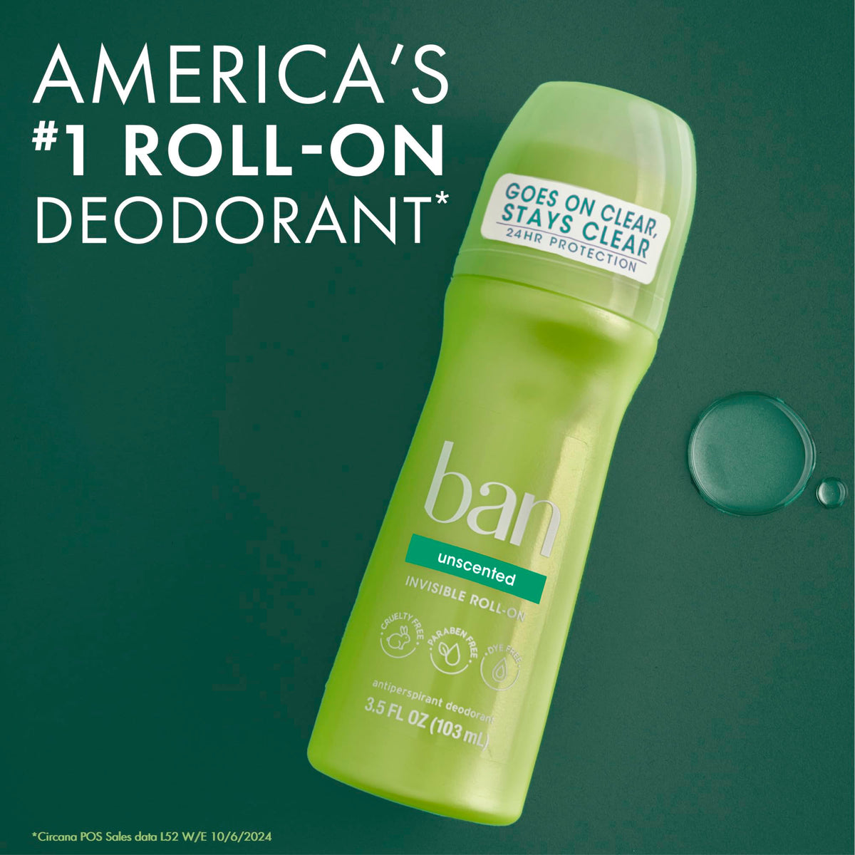 Ban Invisible Roll-On Antiperspirant Deodorant, Unscented with natural ingredients