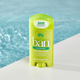 Ban Invisible Solid Antiperspirant Deodorant, side view with ingredients