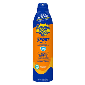 Banana Boat Sport SPF 30 Sunscreen Spray front view, family size 9.5 oz