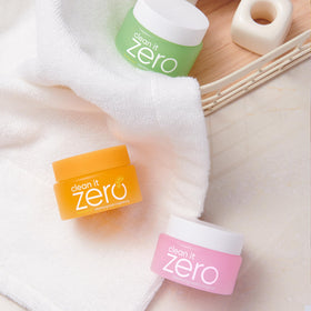 BANILA CO Clean it Zero Balm travel size jars arranged for easy viewing