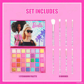 Barbie eyeshadow palette with vibrant shades and brushes