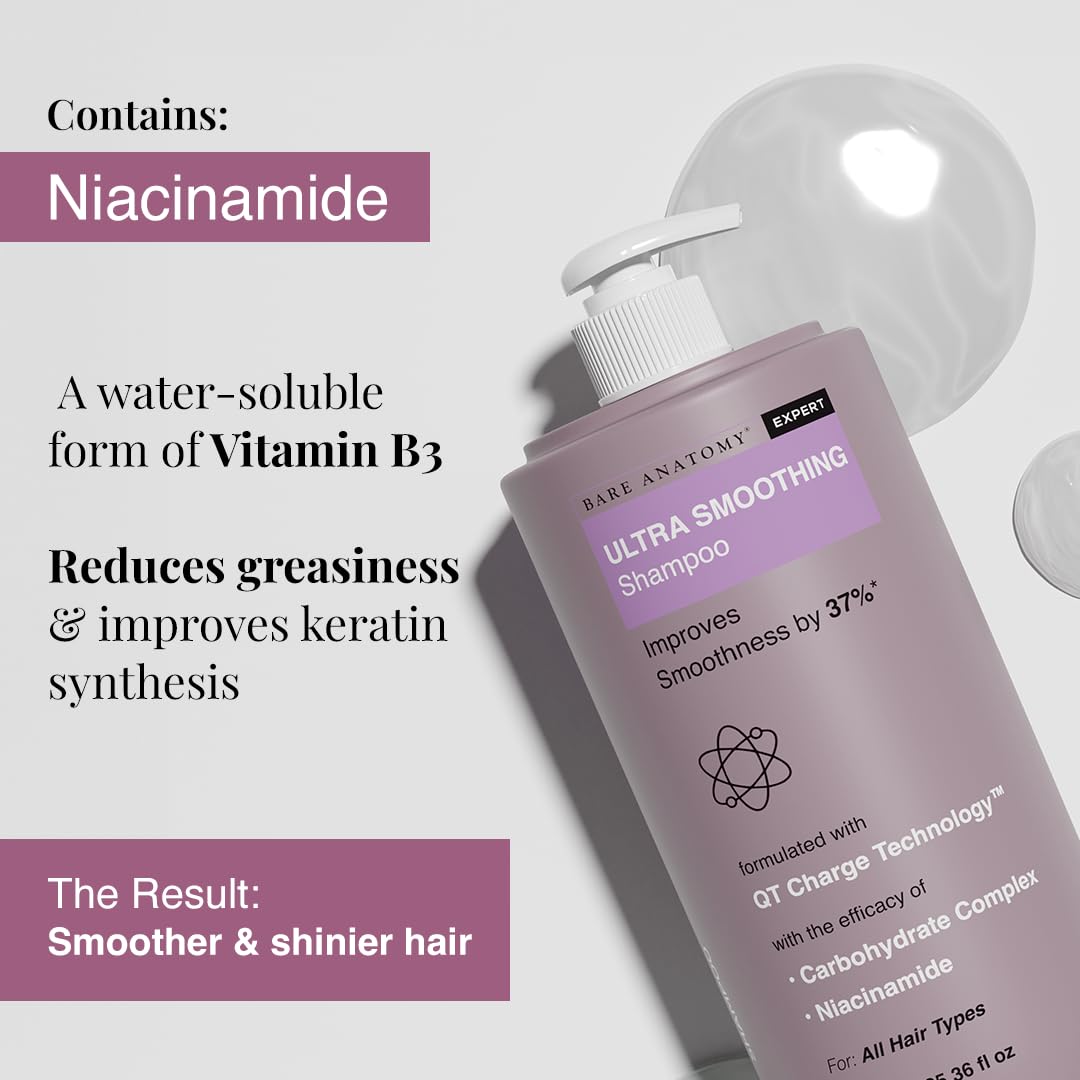Bare Anatomy Ultra Smoothing Shampoo on a bathroom shelf