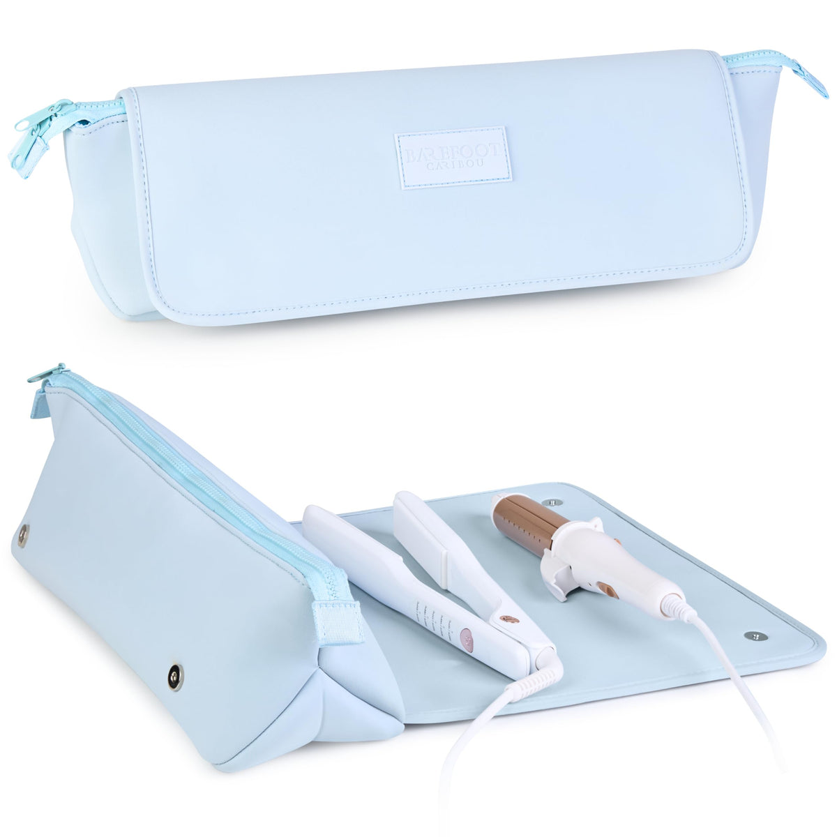 BAREFOOT CARIBOU Hair Tools Travel Bag front view in Baby Blue