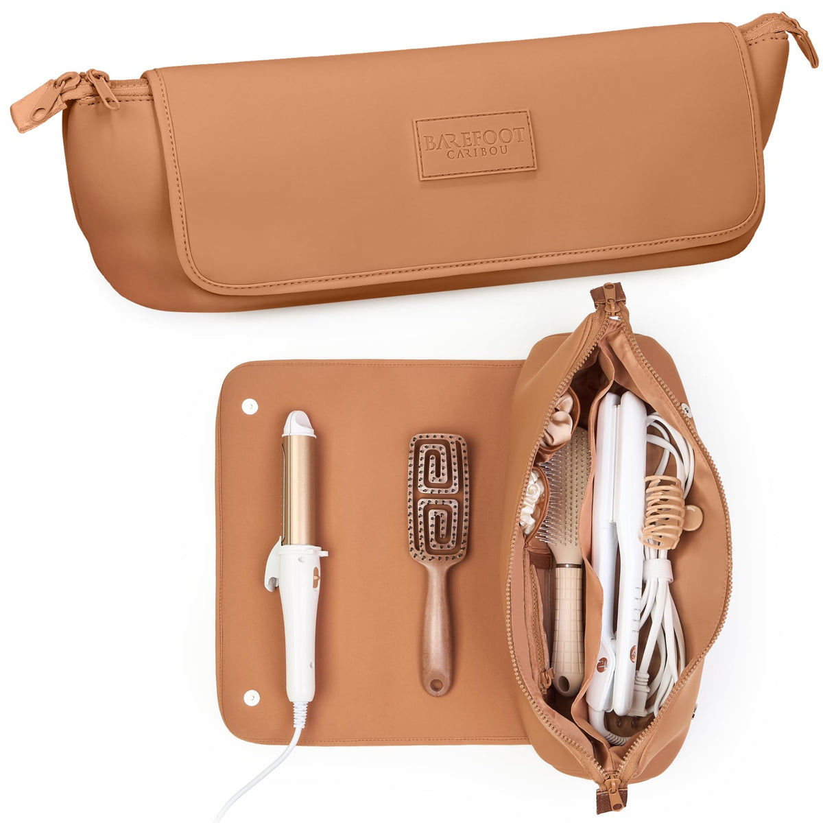 BAREFOOT CARIBOU Hair Tools Travel Bag front view in brown