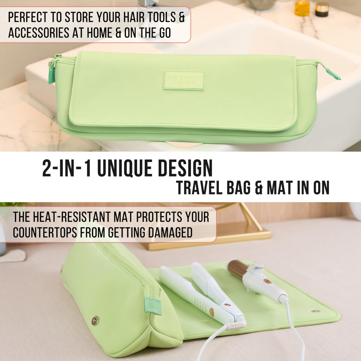 BAREFOOT CARIBOU Hair Tools Travel Bag in use with styling tools