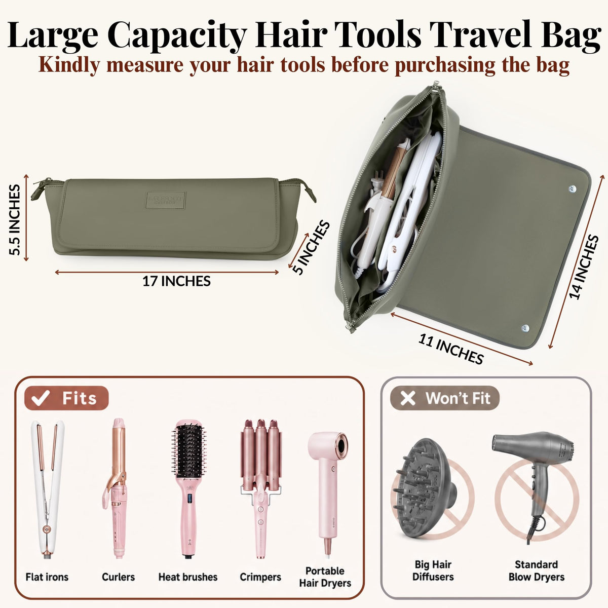 BAREFOOT CARIBOU Hair Tools Travel Bag Olive open with heat mat