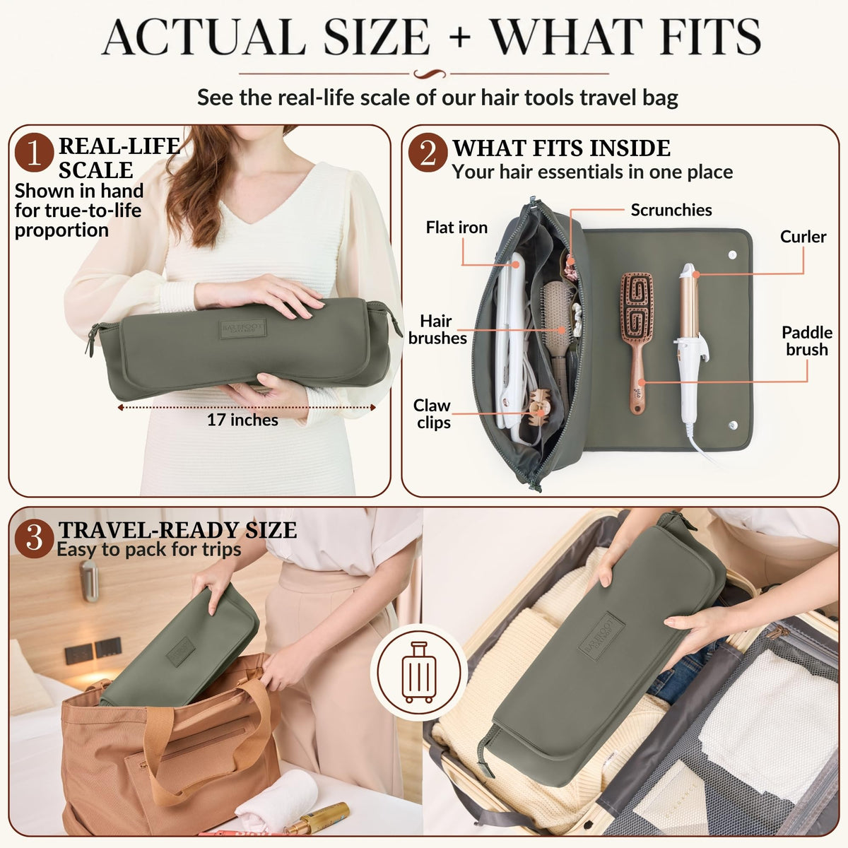 BAREFOOT CARIBOU Hair Tools Travel Bag Olive with tools inside