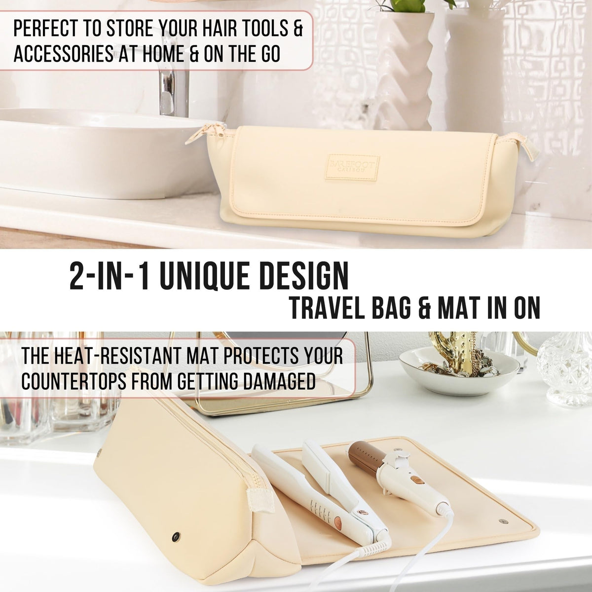 BAREFOOT CARIBOU Hair Tools Travel Bag with flat iron inside