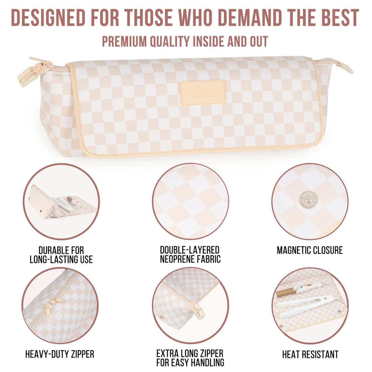 BAREFOOT CARIBOU Hair Tools Travel Bag with zippered pocket and elastic bands