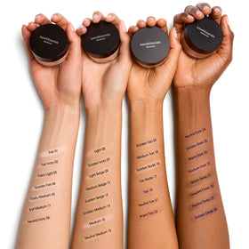 bareMinerals Original Loose Powder Foundation SPF 15 Golden Deep 28 with makeup tools