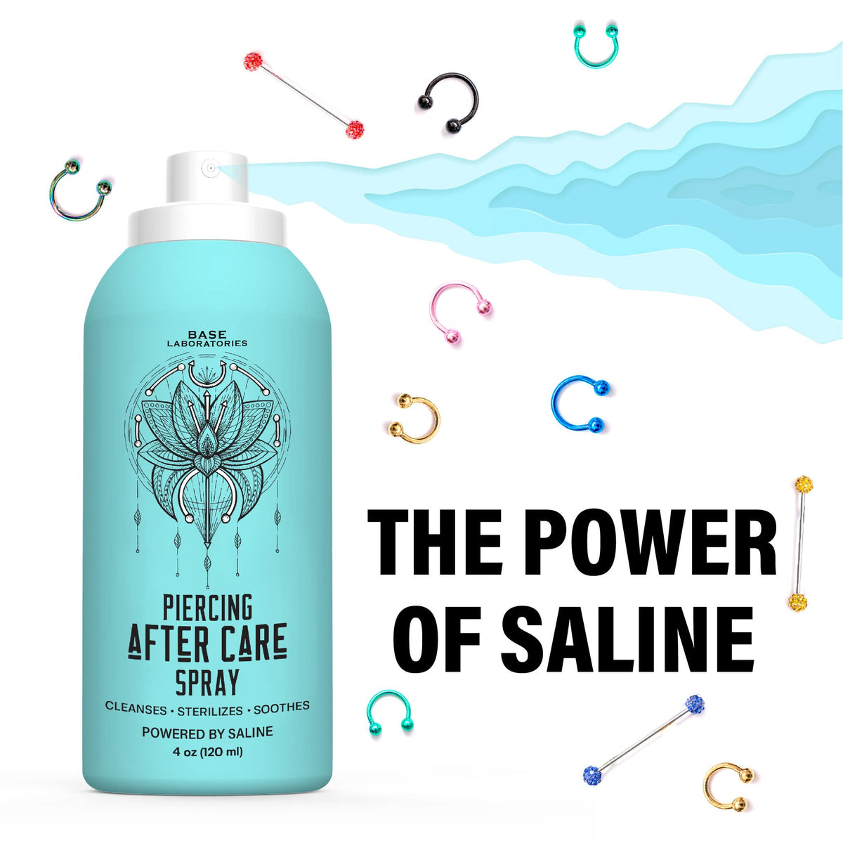 BASE LABORATORIES saline spray bottle with mist being applied