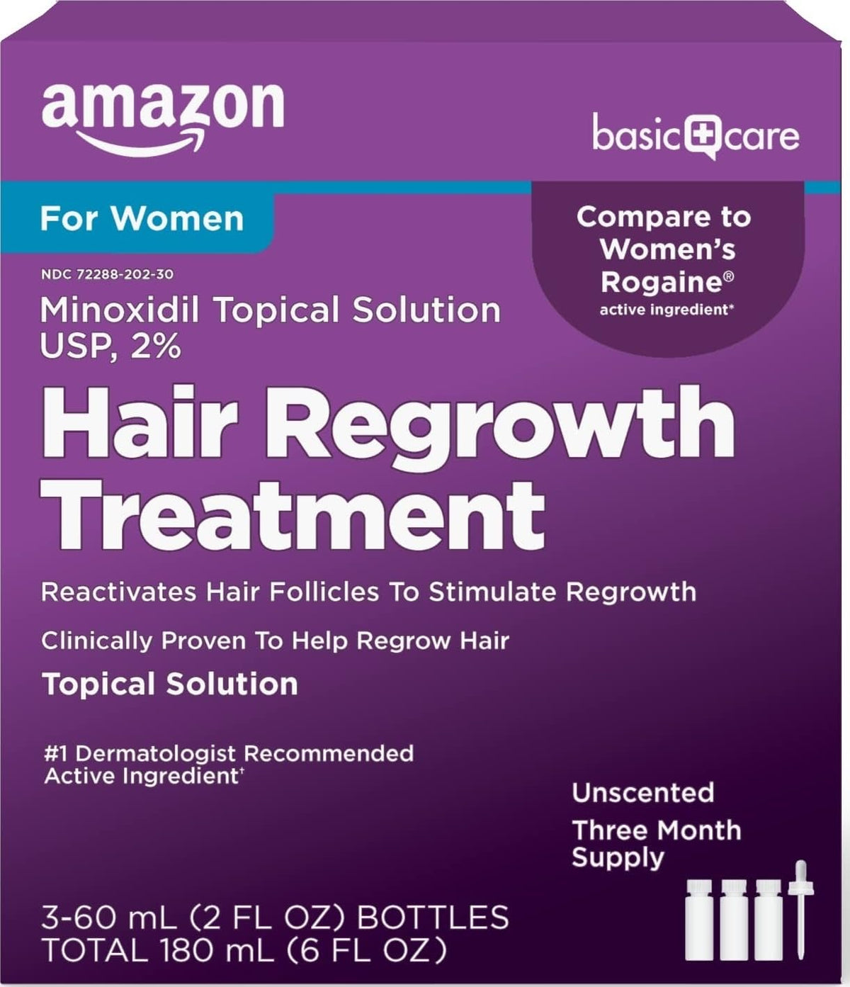 Basic Care Minoxidil Topical Solution 2% front view, 6 oz bottle