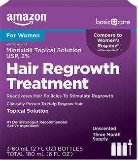Basic Care Minoxidil Topical Solution 2% front view, 6 oz bottle