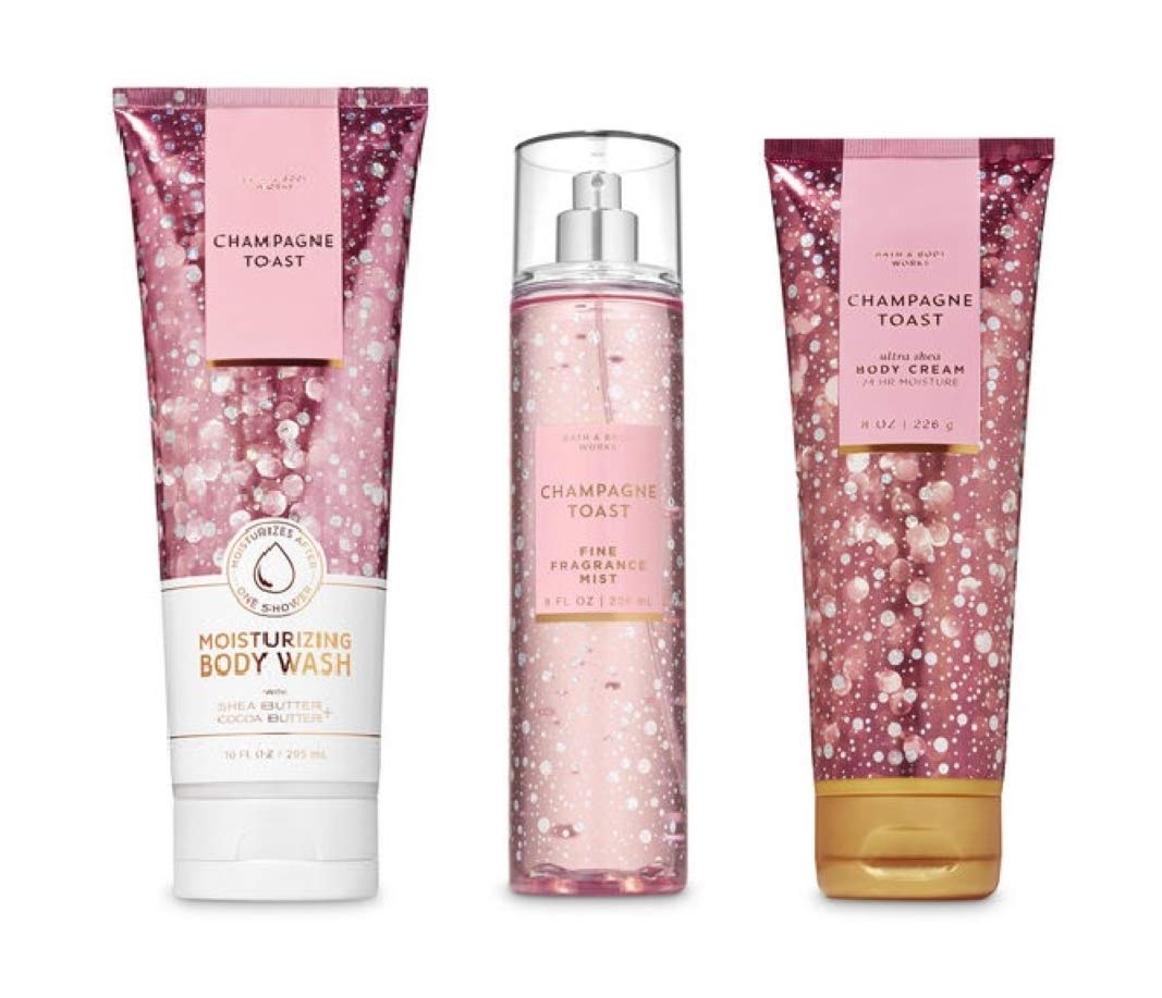 Bath & Body Works Champagne Toast Gift Set front view with body wash, mist, and cream