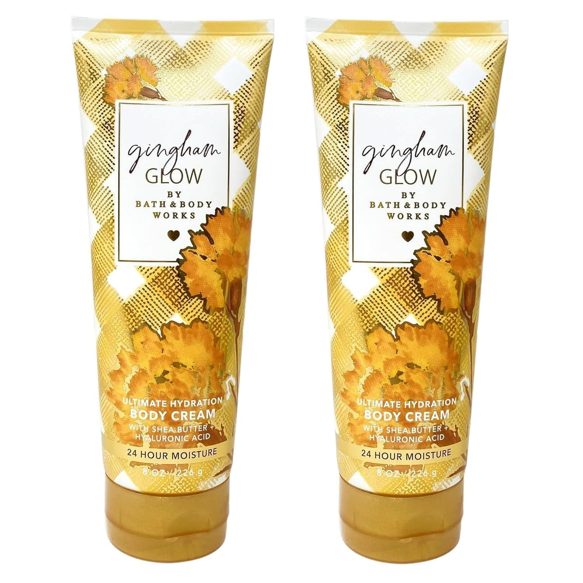 Bath & Body Works Gingham Glow Body Cream with floral background