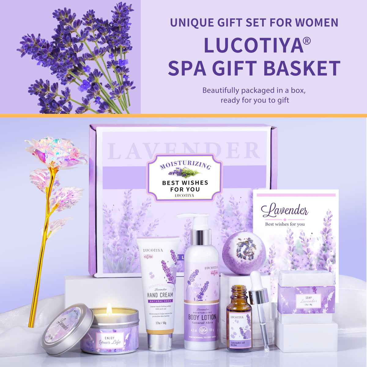 Bath bomb and lavender candle included in the gift set