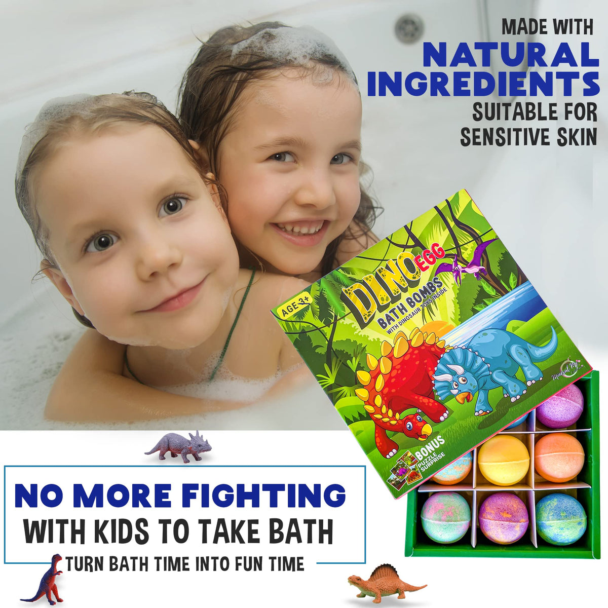 Bath time scene with kids and Mineral Me California bath bombs