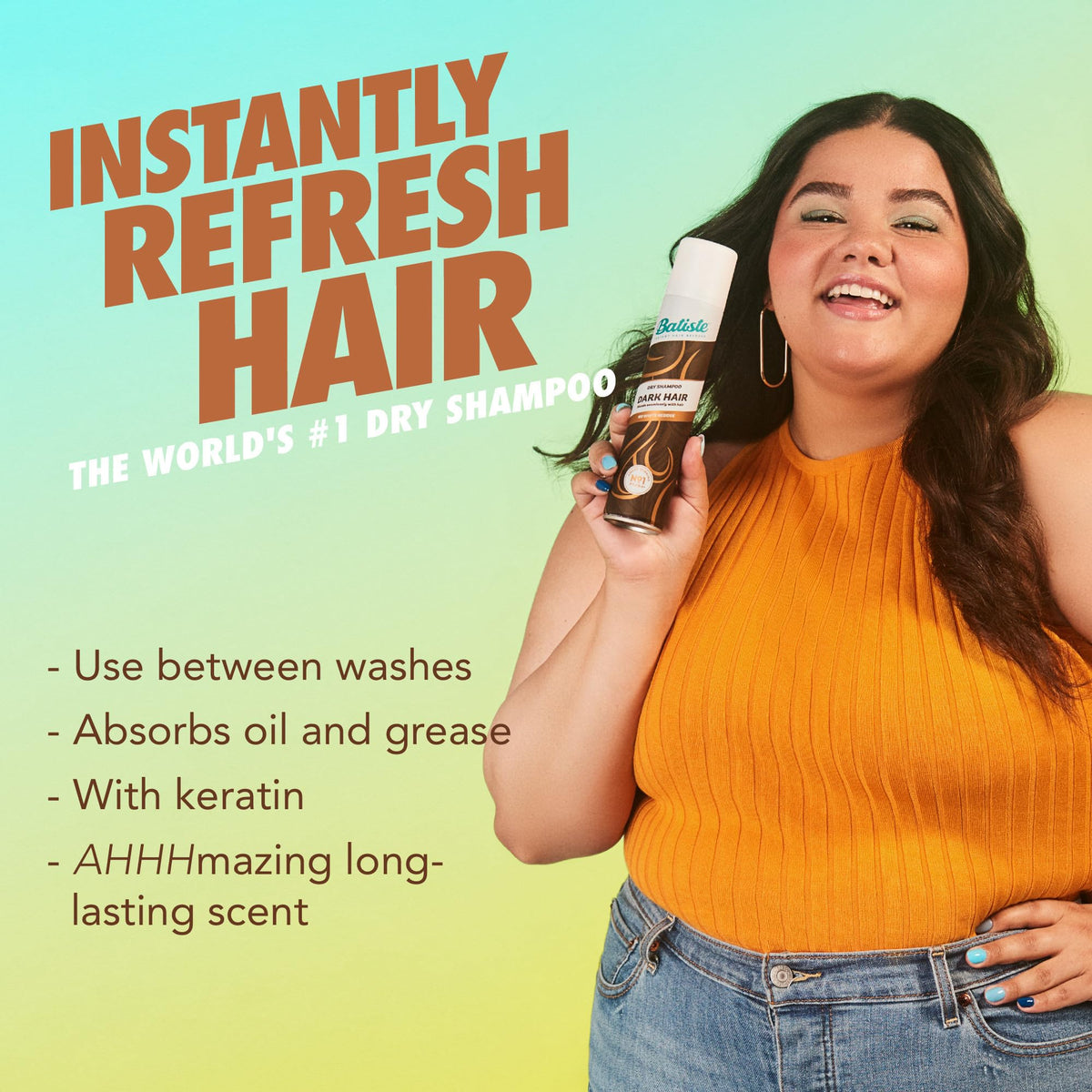 Batiste Dark Dry Shampoo bottles on a bathroom shelf