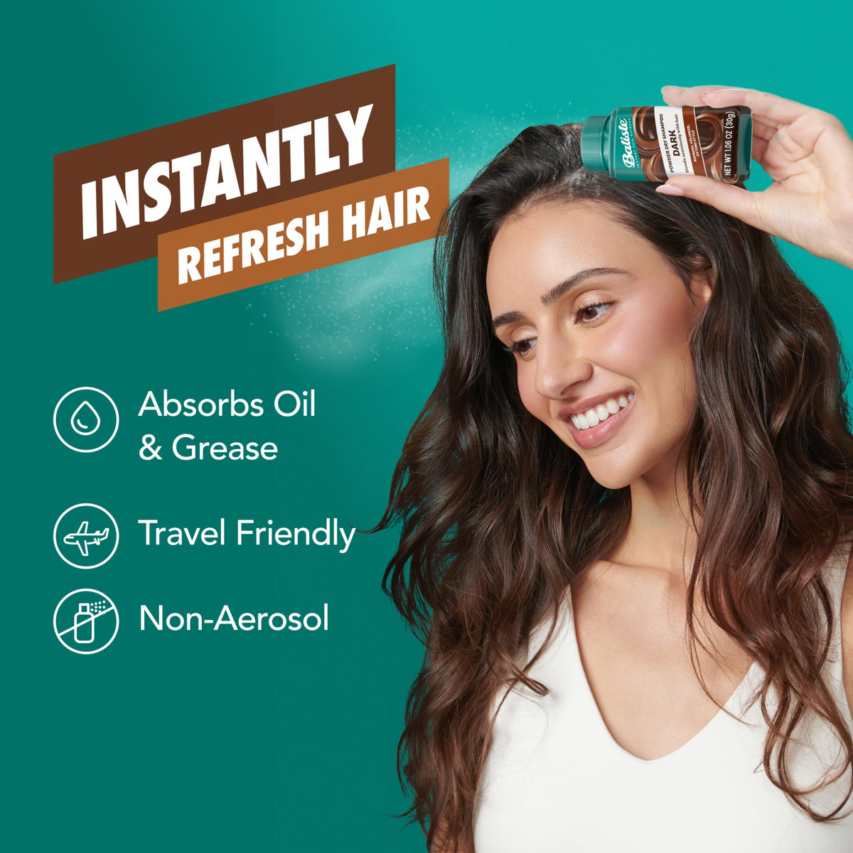 Batiste Dark Powder Dry Shampoo bottle with cap off
