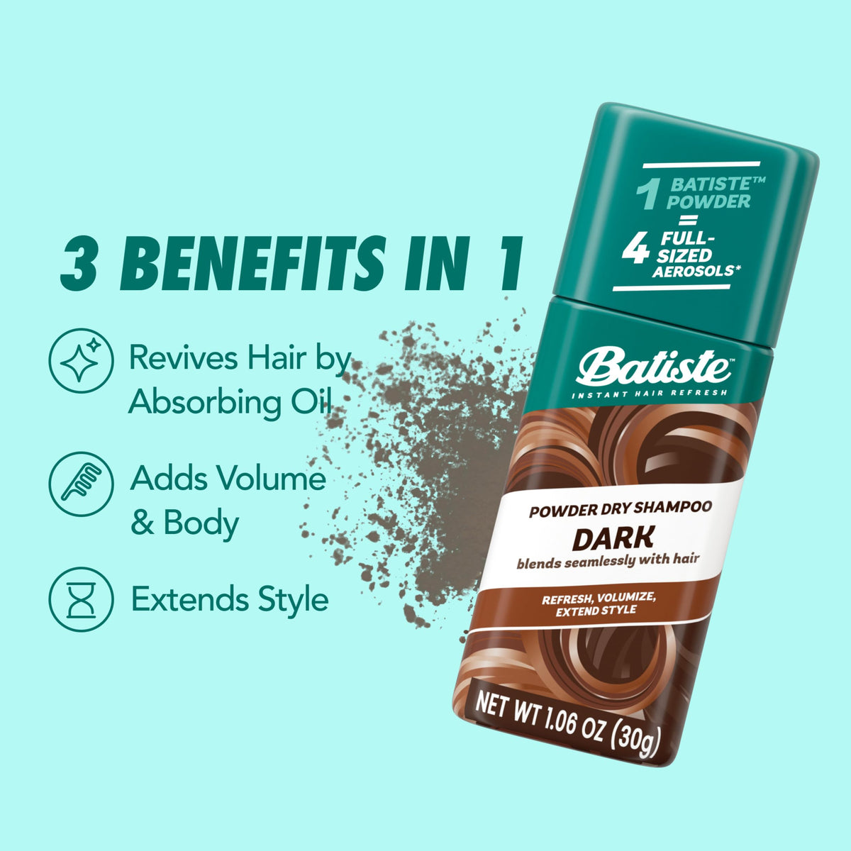 Batiste Dark Powder Dry Shampoo with travel essentials