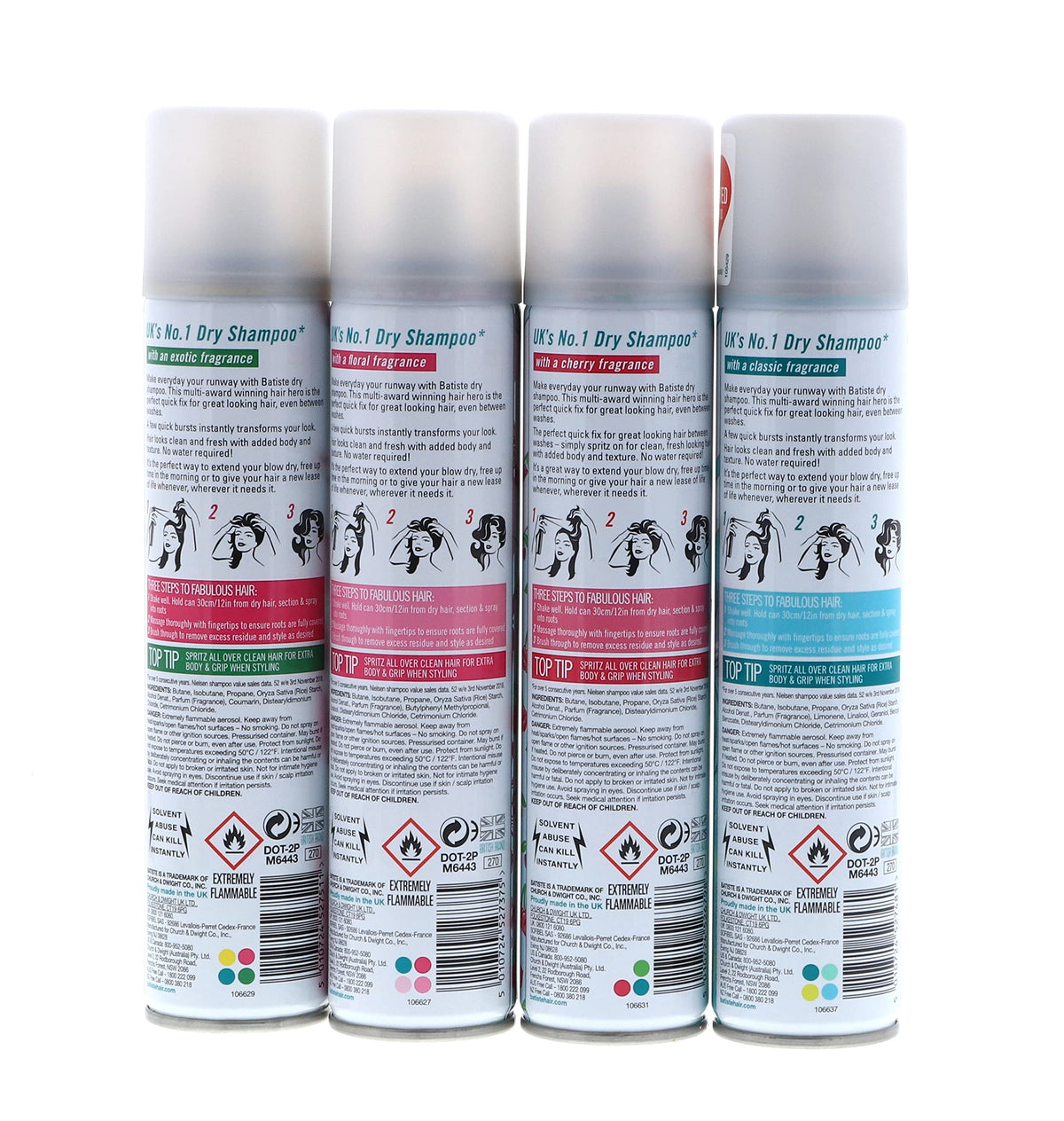 Batiste Dry Shampoo 4-pack with all scents displayed