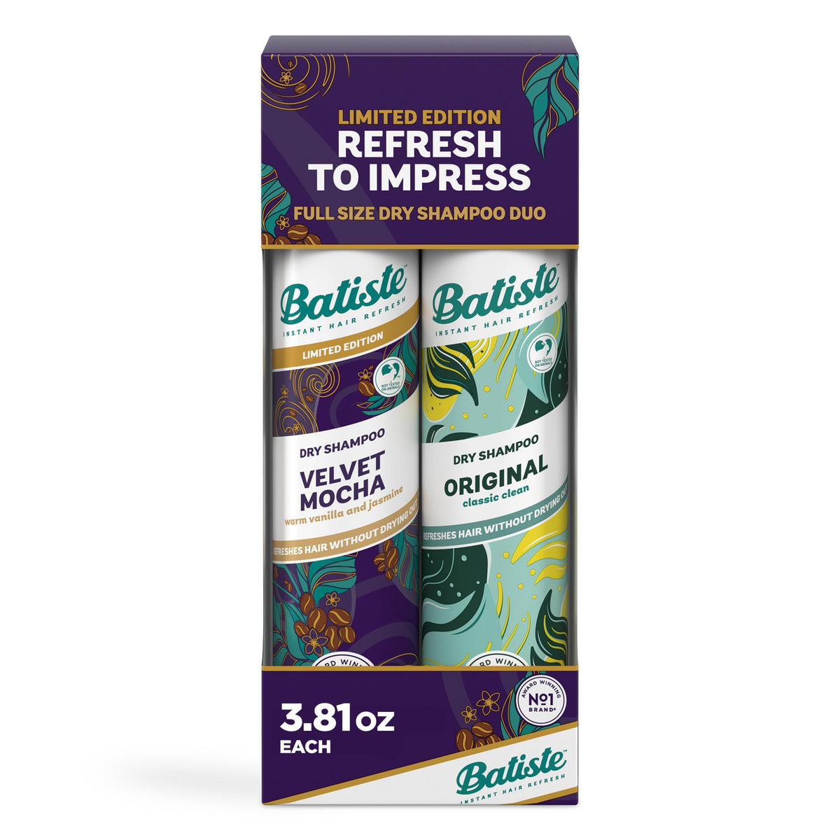 Batiste Dry Shampoo Duo Pack, Velvet Mocha and Original scents front view