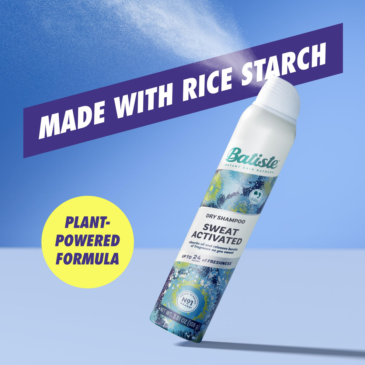Batiste Sweat Activated Dry Shampoo on a bathroom shelf