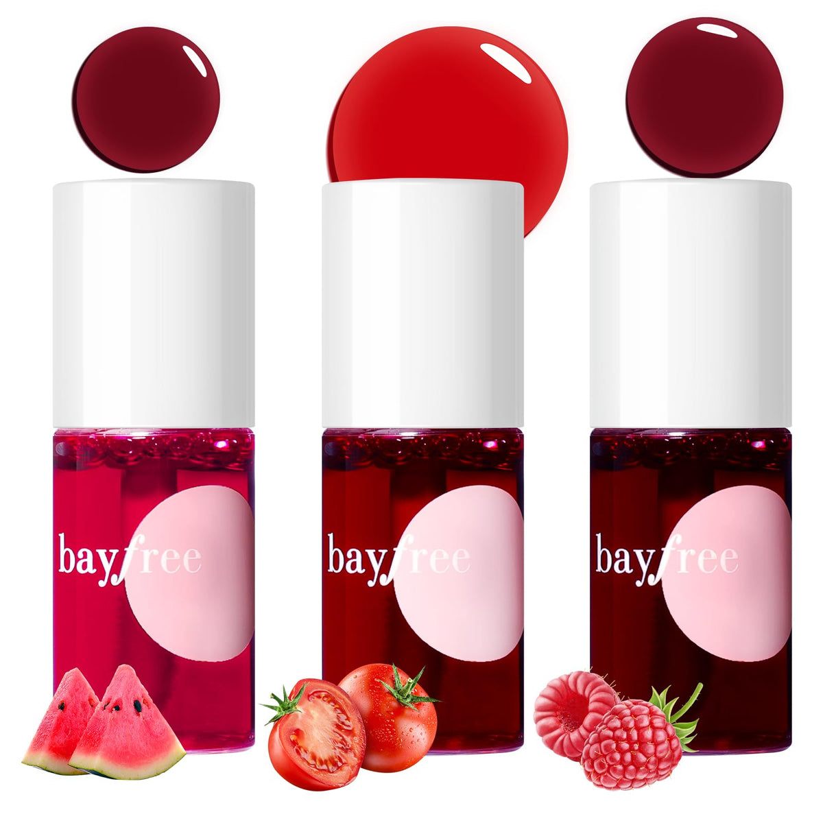 bayfree Lip Tint Stain Set front view with three vibrant shades