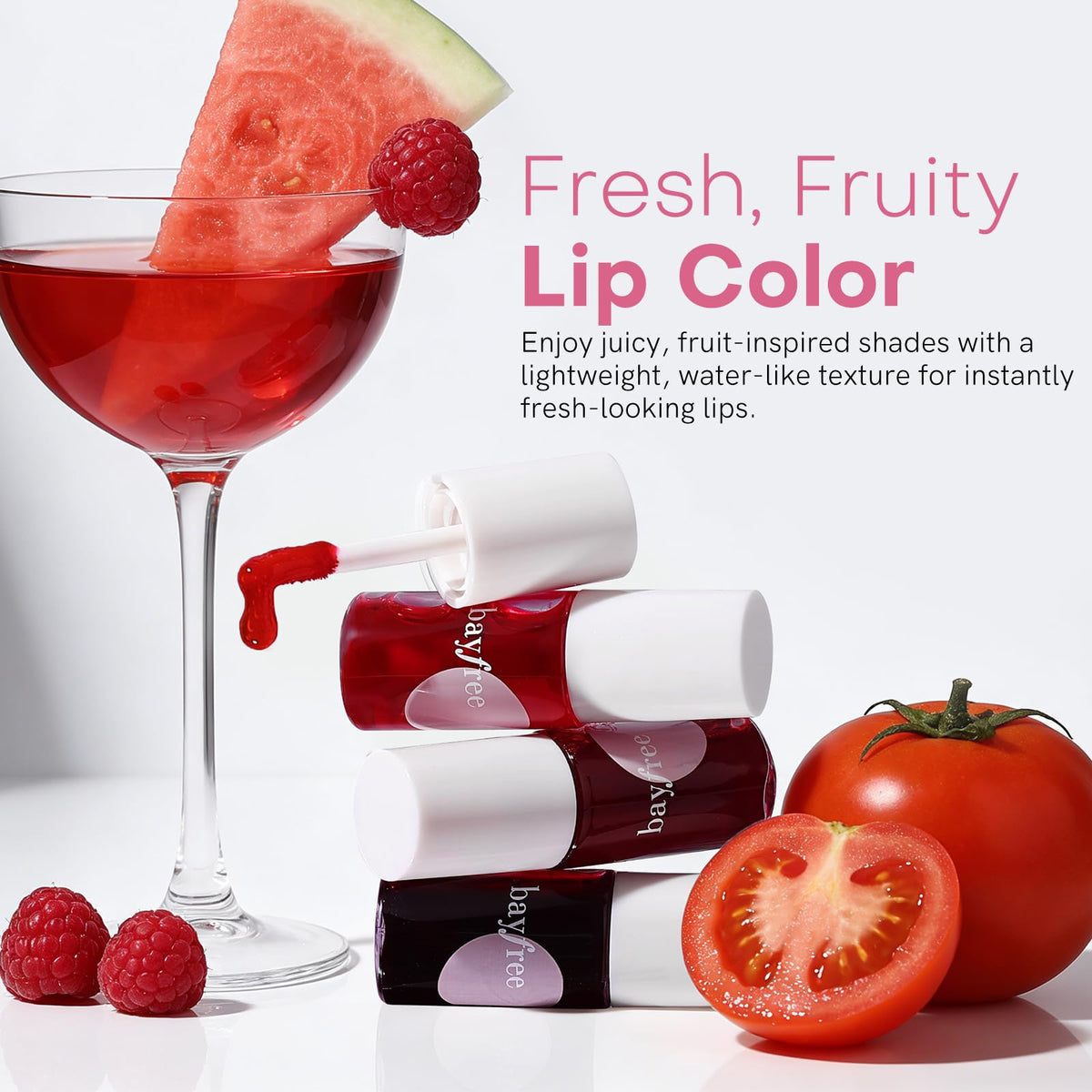 bayfree Lip Tint Stain Set in a cosmetic bag