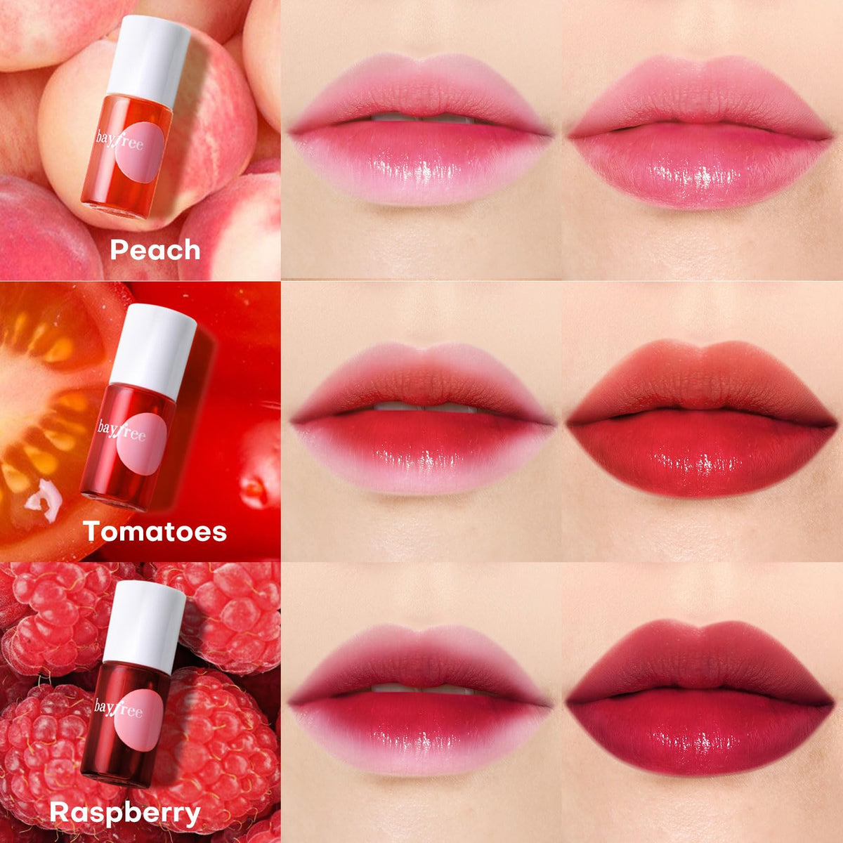 bayfree Lip Tint Stain swatches on skin