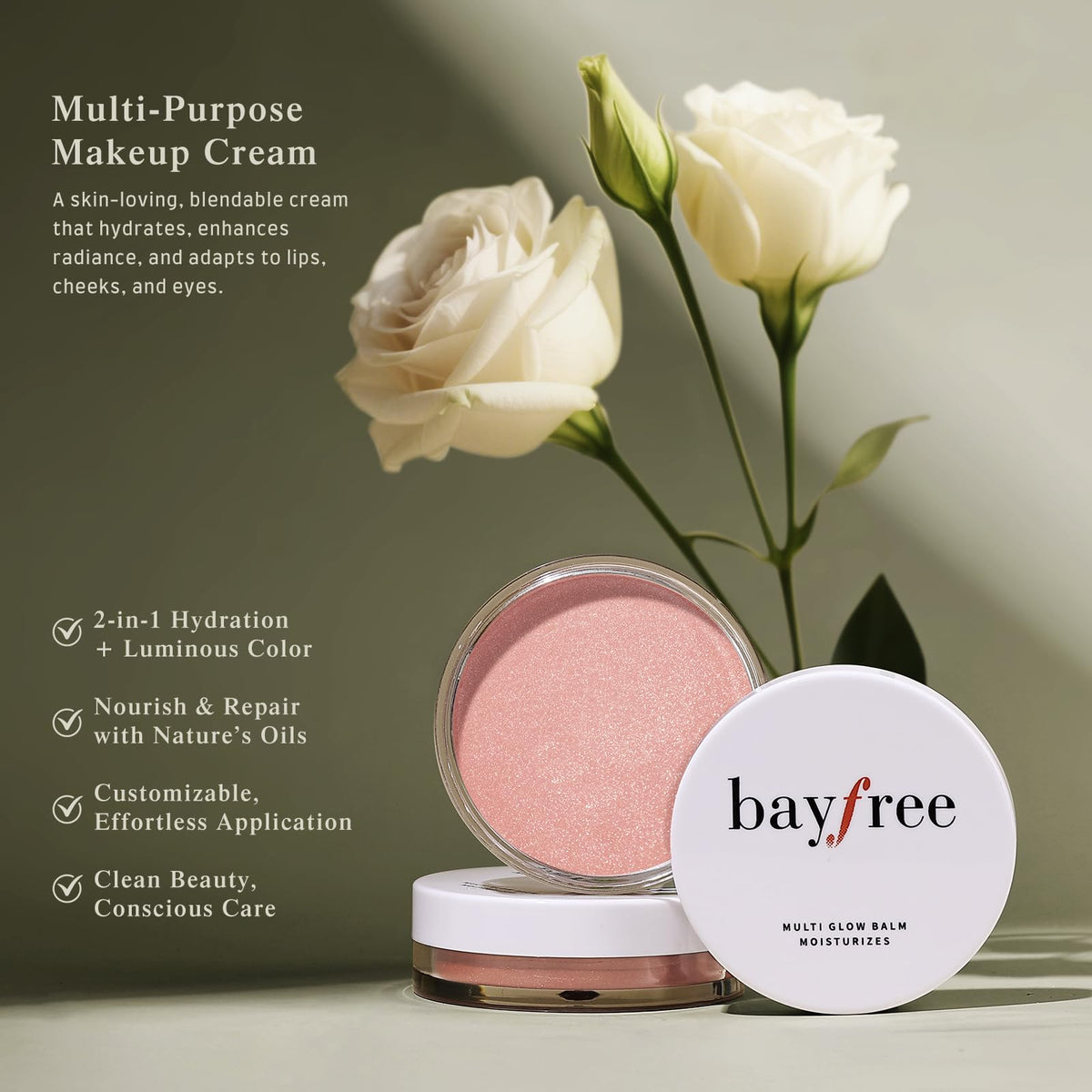 bayfree Multi Glow Balm applied on cheeks for a radiant finish