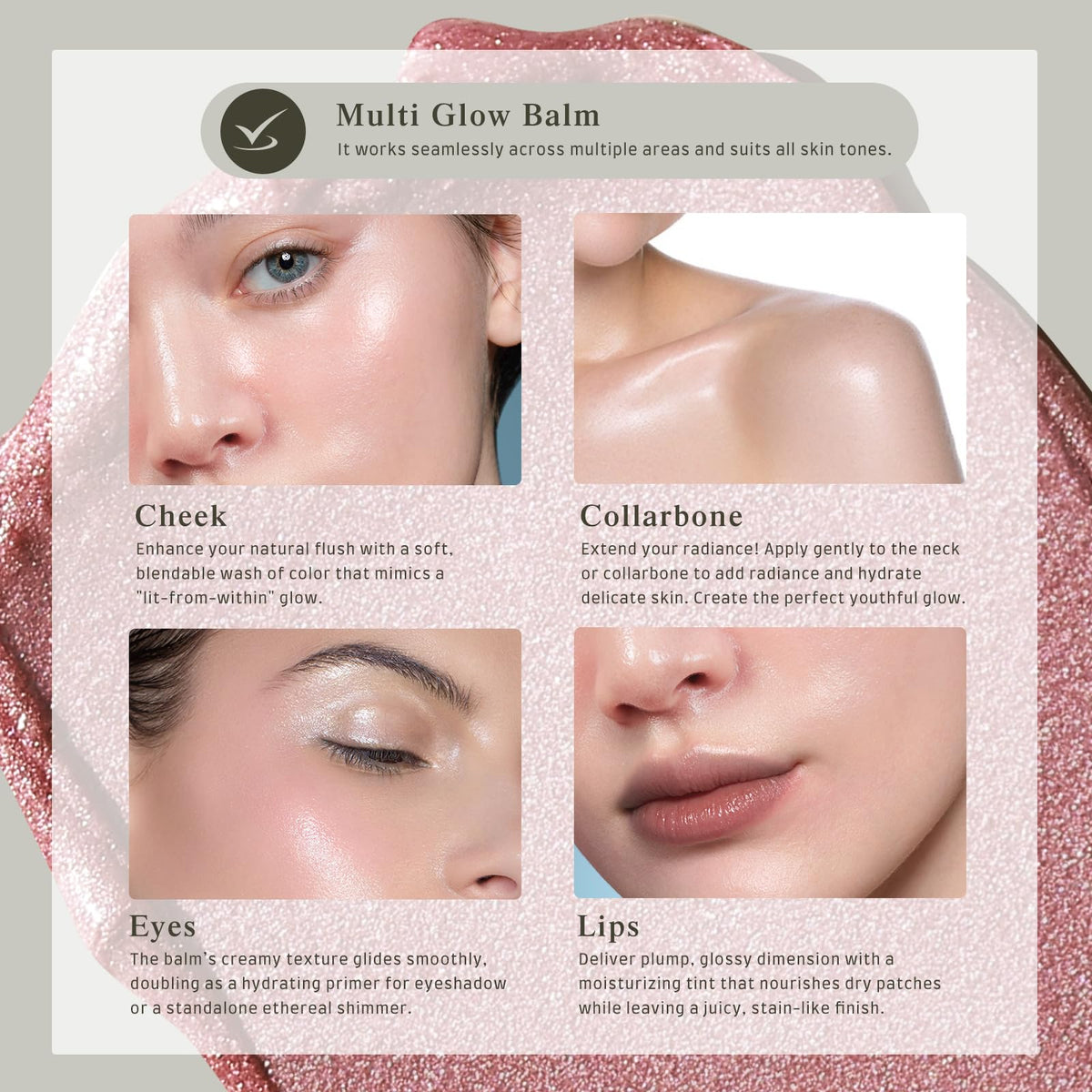 bayfree Multi Glow Balm applied on eyelids for a subtle shine