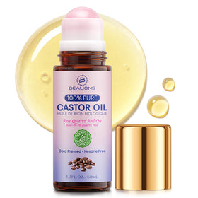 Bealions Castor Oil Rose Quartz Roller Ball front view with amber glass bottle