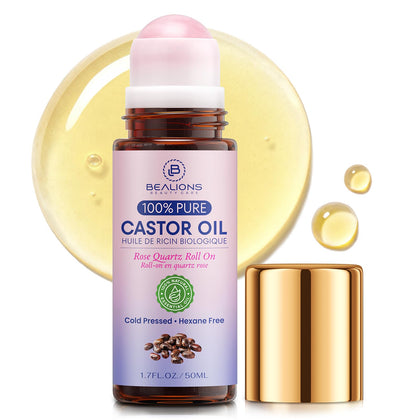Bealions Castor Oil Rose Quartz Roller Ball front view with amber glass bottle