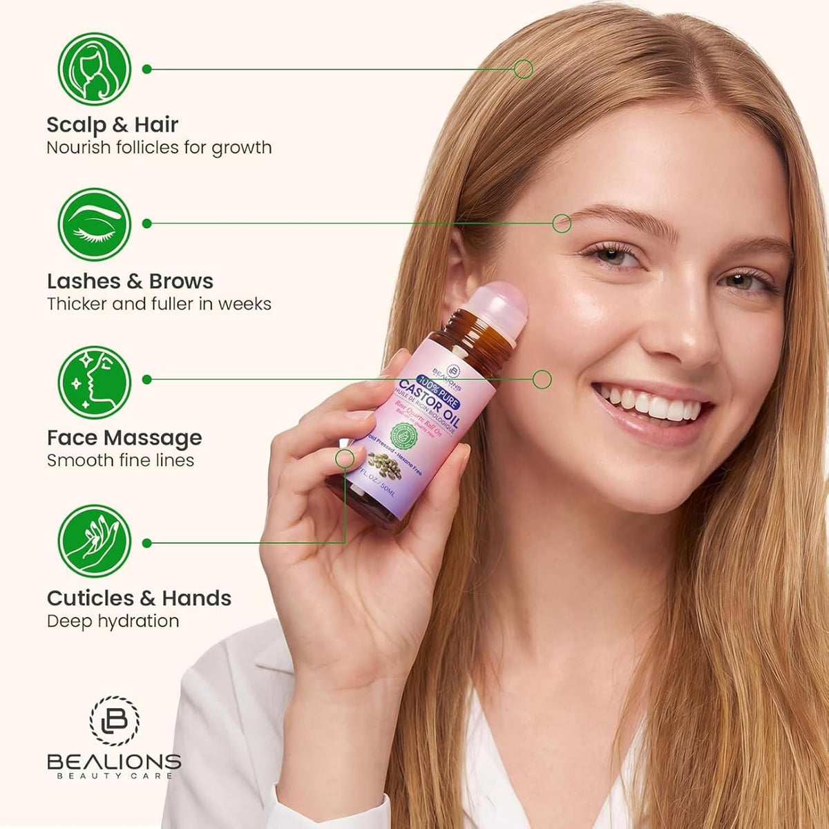 Bealions Castor Oil Rose Quartz Roller Ball showing roll-on applicator
