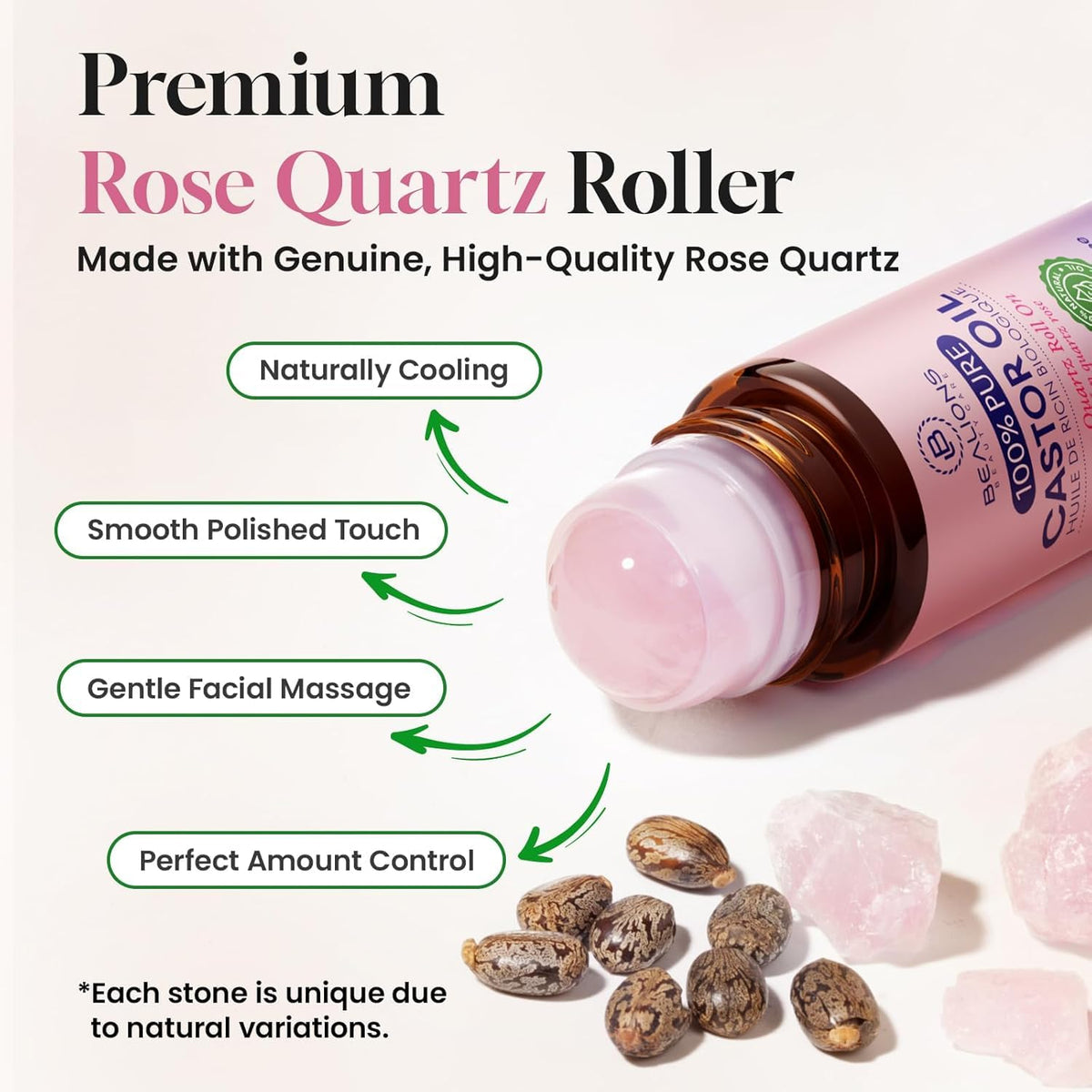 Bealions Castor Oil Rose Quartz Roller Ball with rose quartz stone close-up