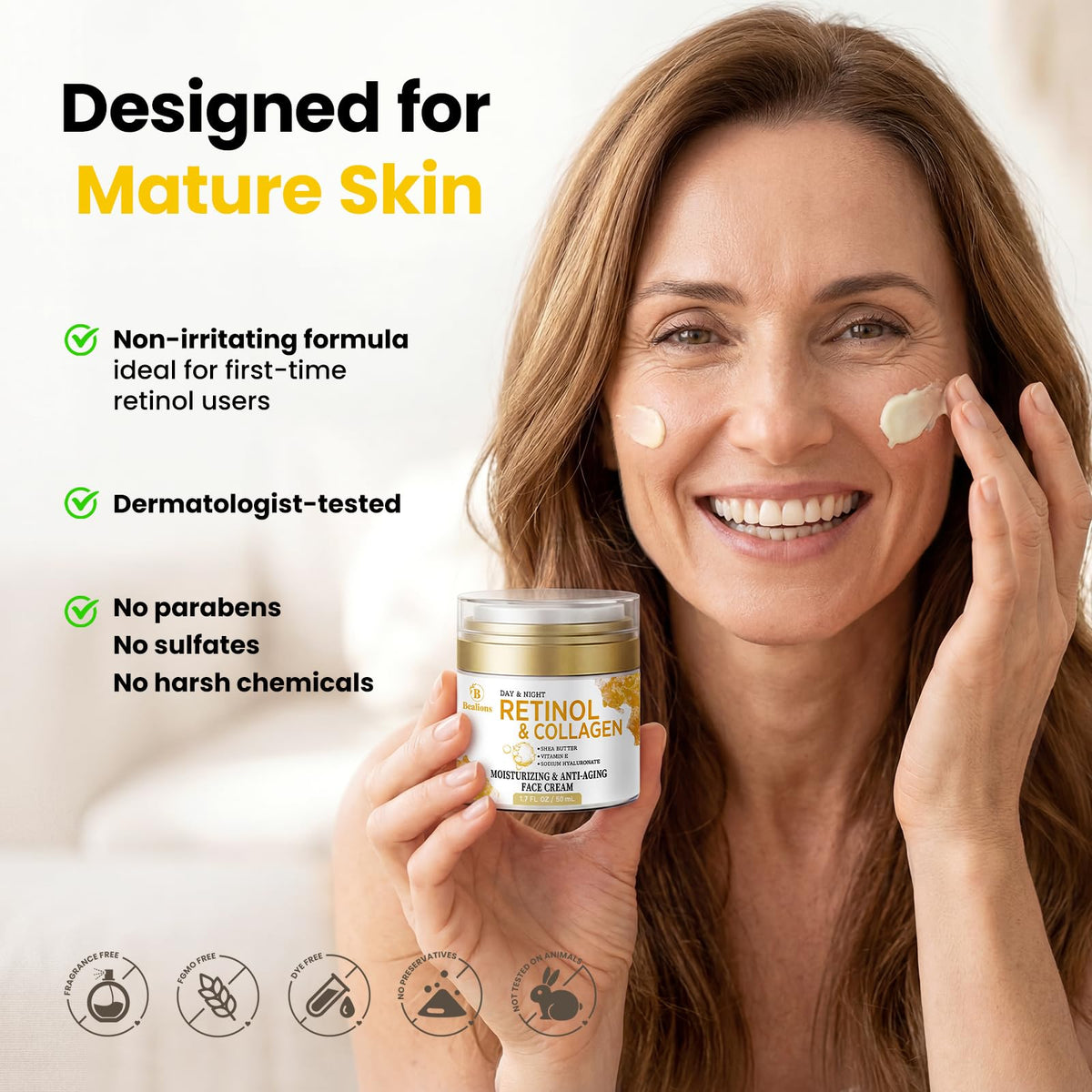 Bealions Retinol Cream packaging with key ingredients listed
