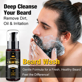 Beard shampoo bottle with ingredients listed