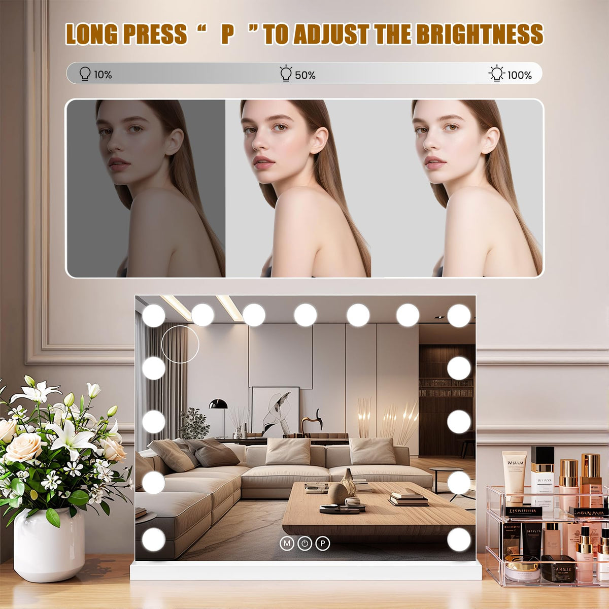 Bearolve Vanity Mirror displaying three colour lighting modes