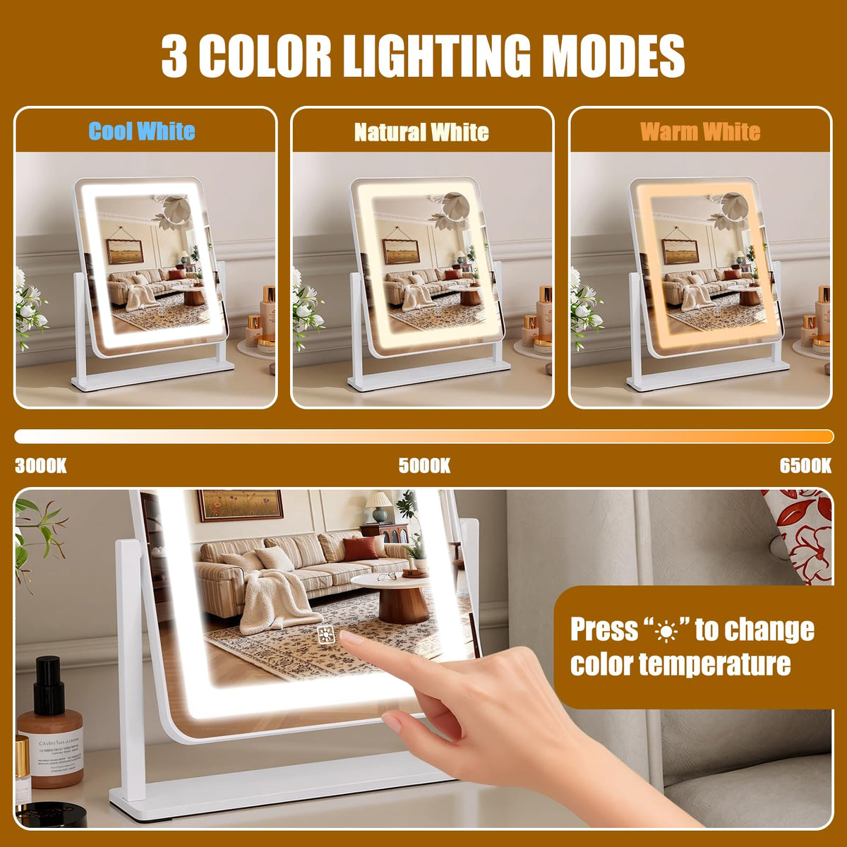Bearolve Vanity Mirror showing 3-color lighting modes