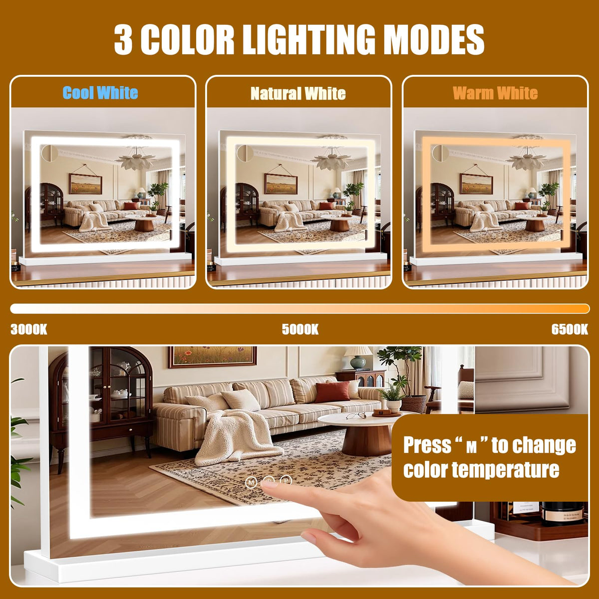 Bearolve vanity mirror showing three color lighting modes